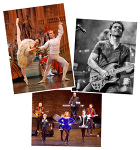 Photo collage of ballet performance, and two concert scenes
