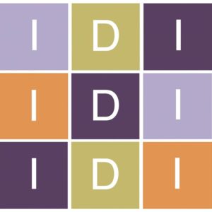 IDI colorblock logo, 9 squares with the white letters IDI, alternating between light purple, dark purple, orange and green squares.