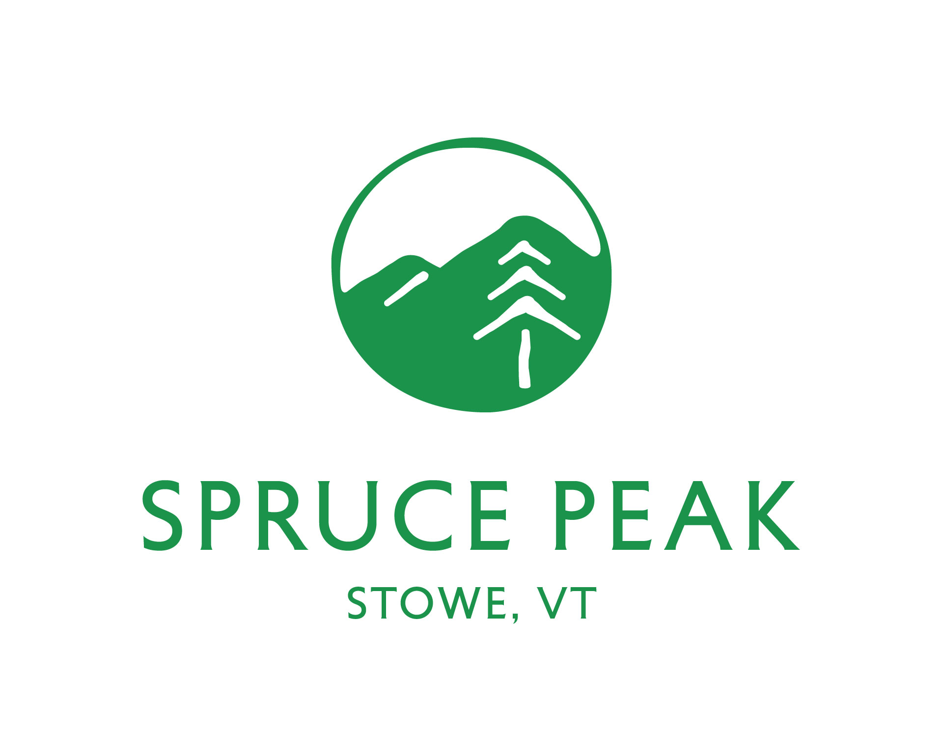 White background with green circle enclosing mountains and simpel pine tree figure with words SprucePeakStowe, Vermont