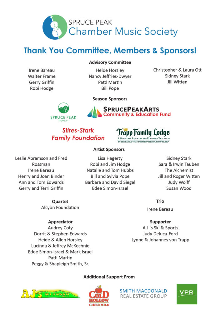 Spruce Peak Chamber Music Society logo with blue/green/white cello graphic. Other logos: Spruce Peak, Spruce Peak Arts Community & Education Find, Stires Stark Family Foundation, Trapp Family Lodge, AJs Ski and Sports, Cold Hollow Cider Mill, Smith MacDonald Real Estate Group, Vermont Public Radio