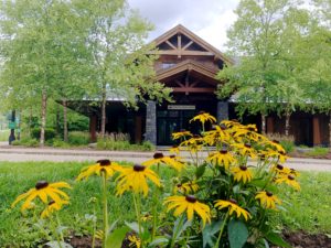 Photo of Spruce Peak Performing Arts Center in Summer with black eyed susan flowers in foreground
