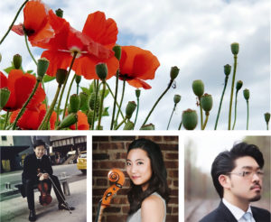 Collage, Red poppies against sky, Siwoo Kim holding a violin sitting in the city, Jia Kim holding a cello against a brick wall, Euntaek Kim profile in a suit standing on train tracks.