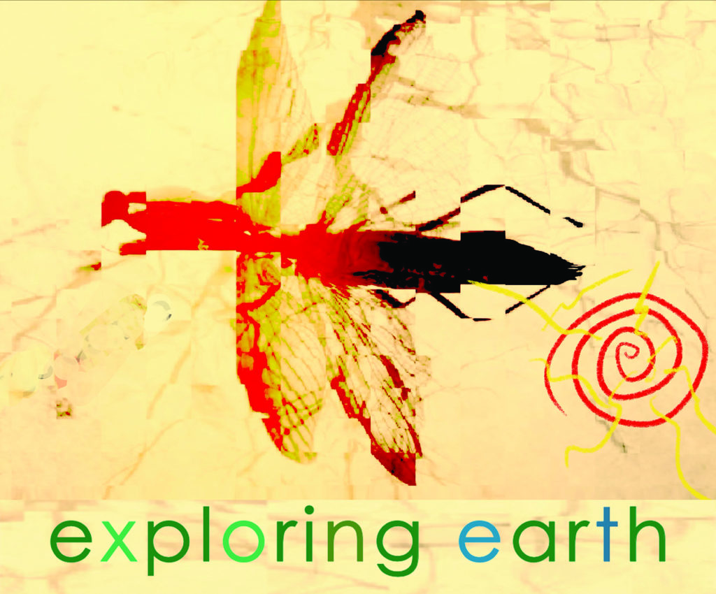 Screen printed dragon fly (orange, yellow, black) on an orange/yellow marbled background with red and yellow animated swirl to the right. "exploring earth" logo with varied green and blue color at botton.