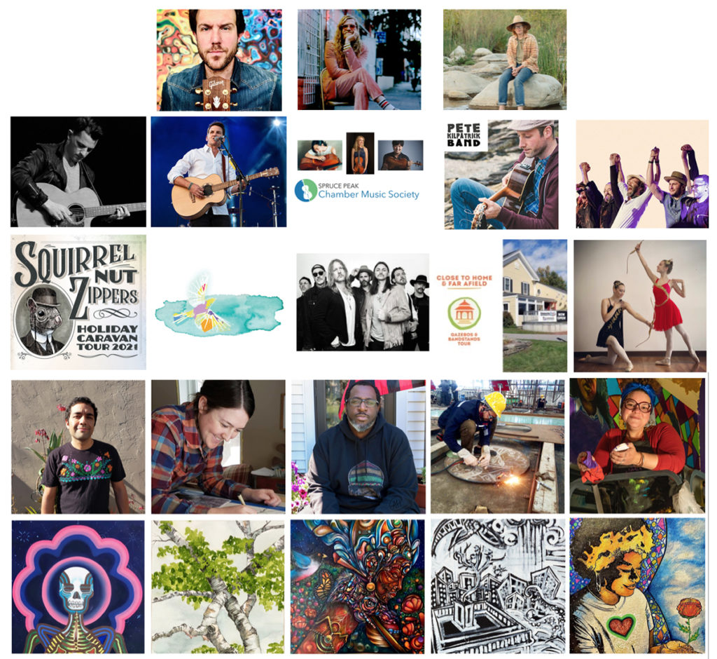 Collage grid with photos of musicians, dancers, artwork in our gallery, artists of all of Spruce Peak Arts' Summer events.