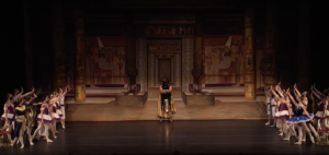 Elan Ballet Theatre performance of The Pharaoh's Daughter - ballerina's left and right and Pharaoh center with Egyptian backdrop