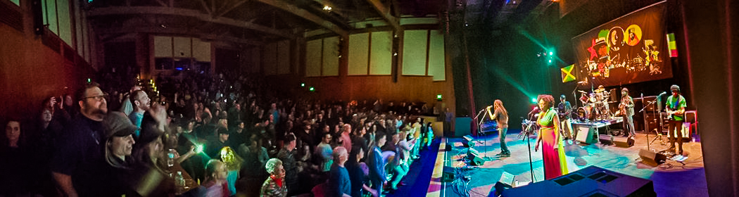 Audience photo with The Wailers on stage on right. People cheering and engaged.