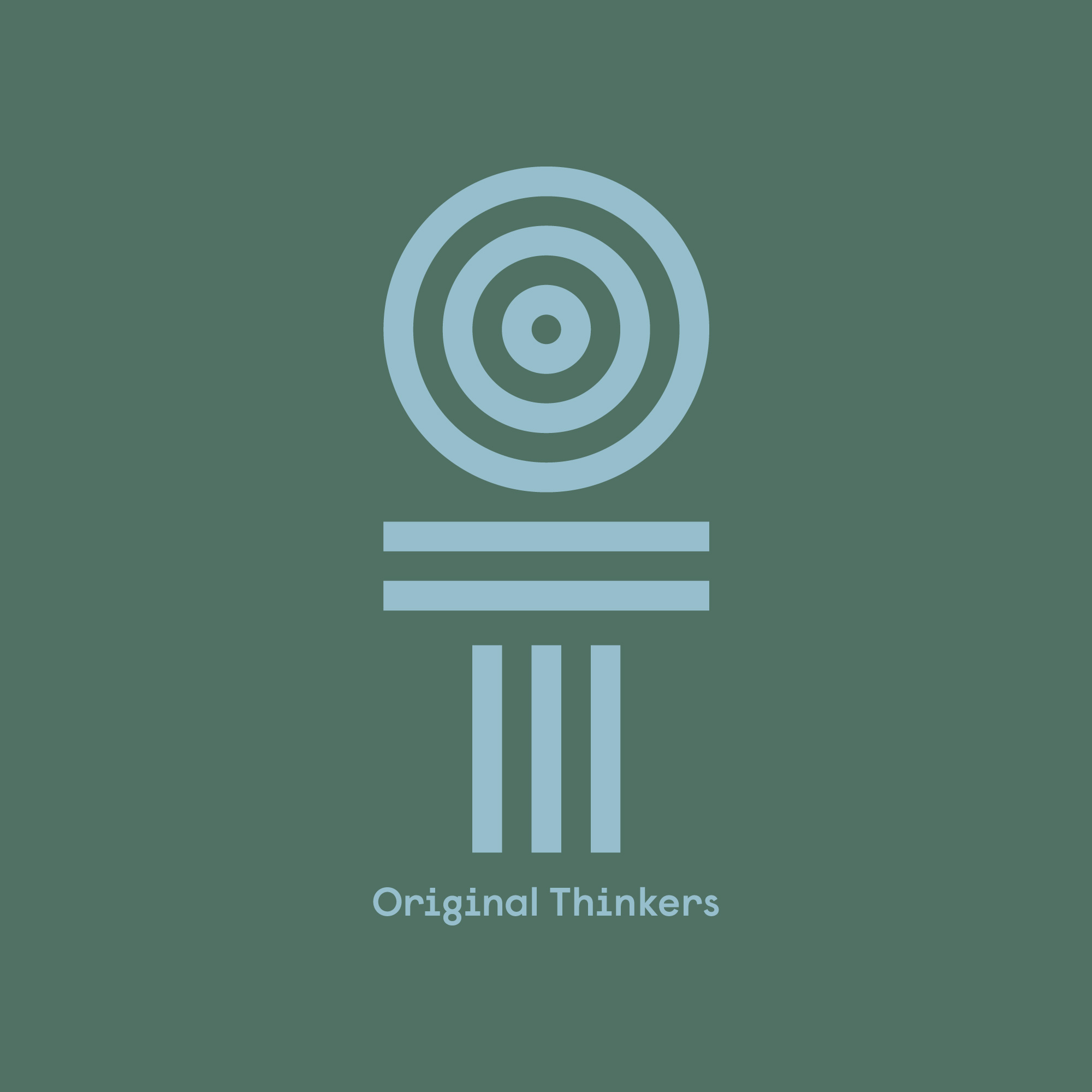 Green and blue original thinkers logo,a blue bullseye sitting on top of a column on a green background