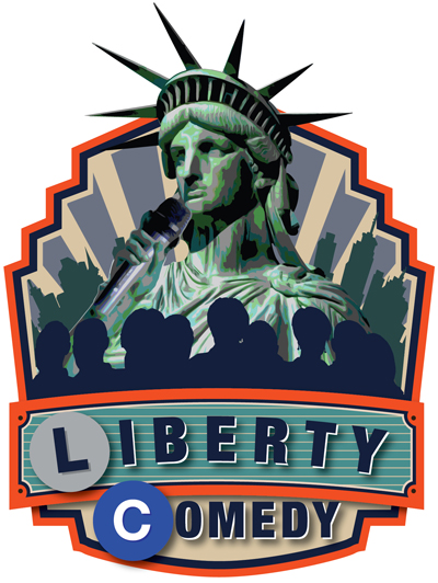 Liberty Comedy Logo- a Statue of liberty figure holding a microphone overlayed with the silhoette of heads in an audience.